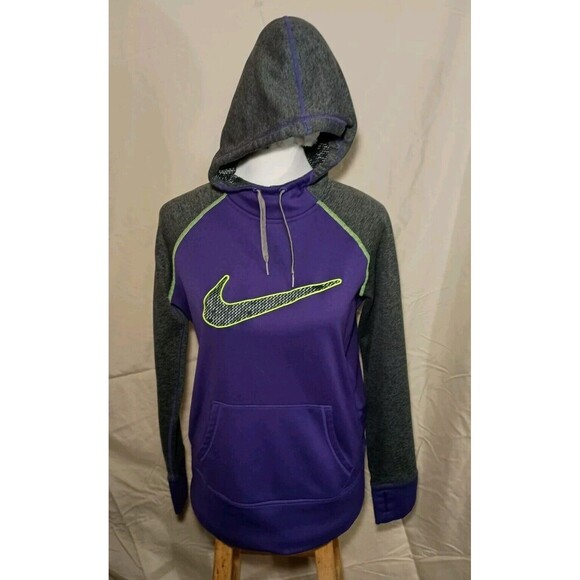 Nike Therma Fit Womens Hoodie Size L Sweatshirt Purple Gray Volt EUC Sports Logo - Picture 1 of 16